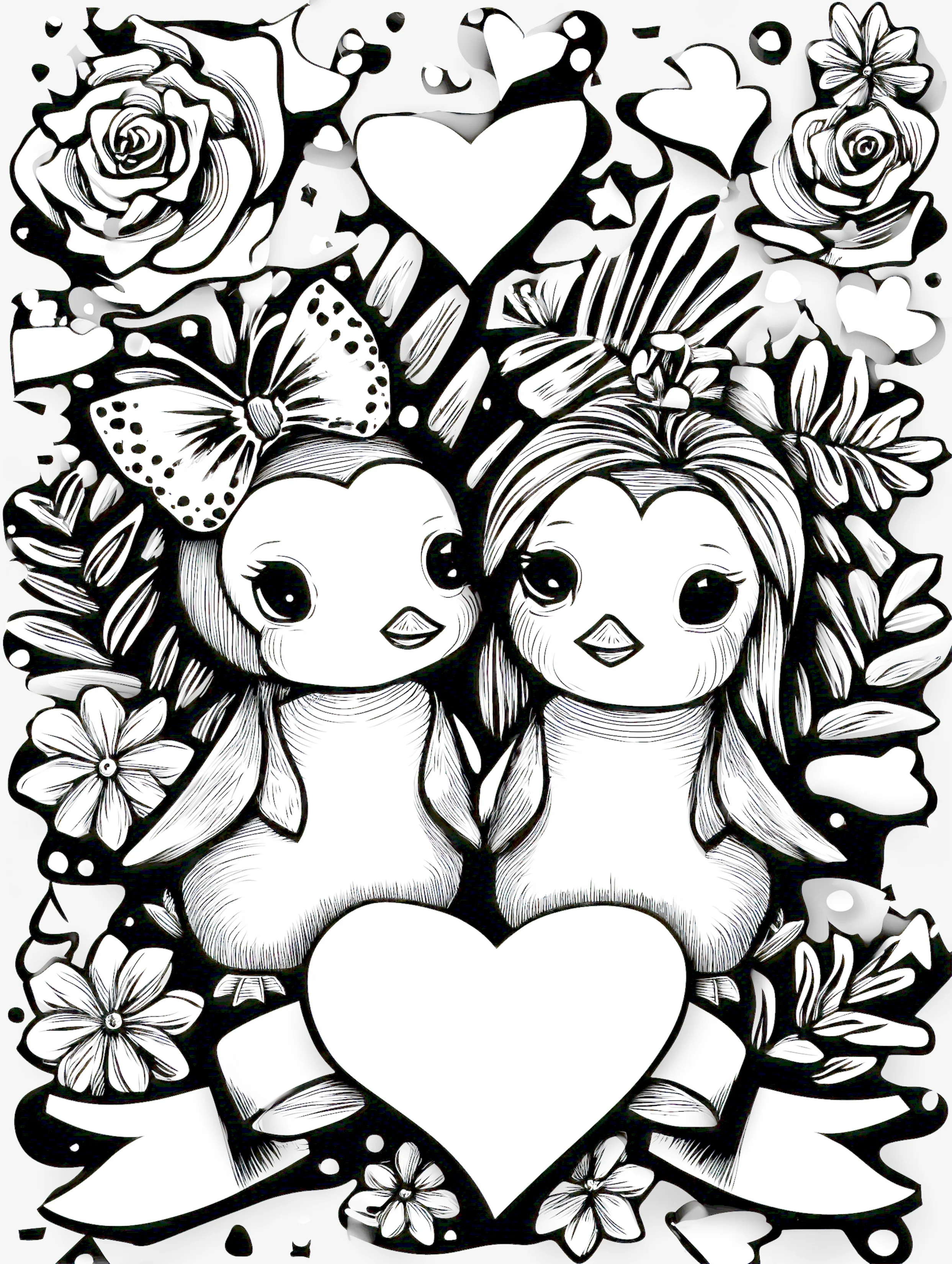 Free printable valentines coloring pages for adults featuring penguins and a heart and ribbons